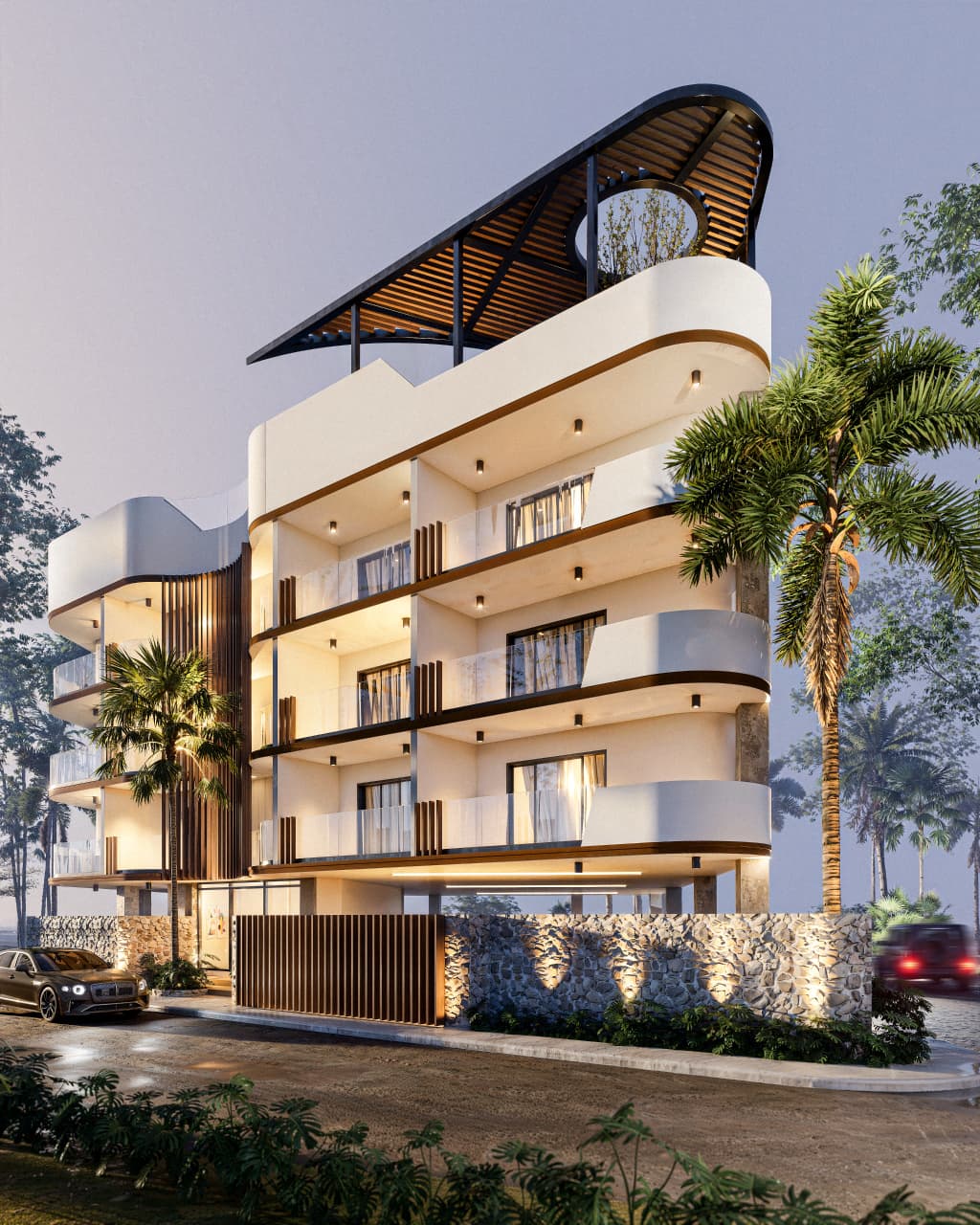 Edificio de apartamentos Cabrera’s Sunsets Living al atardecer